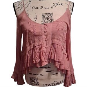 Free People VINTAGE Pink Embroidered Cold Shoulder Crop Top Size XS